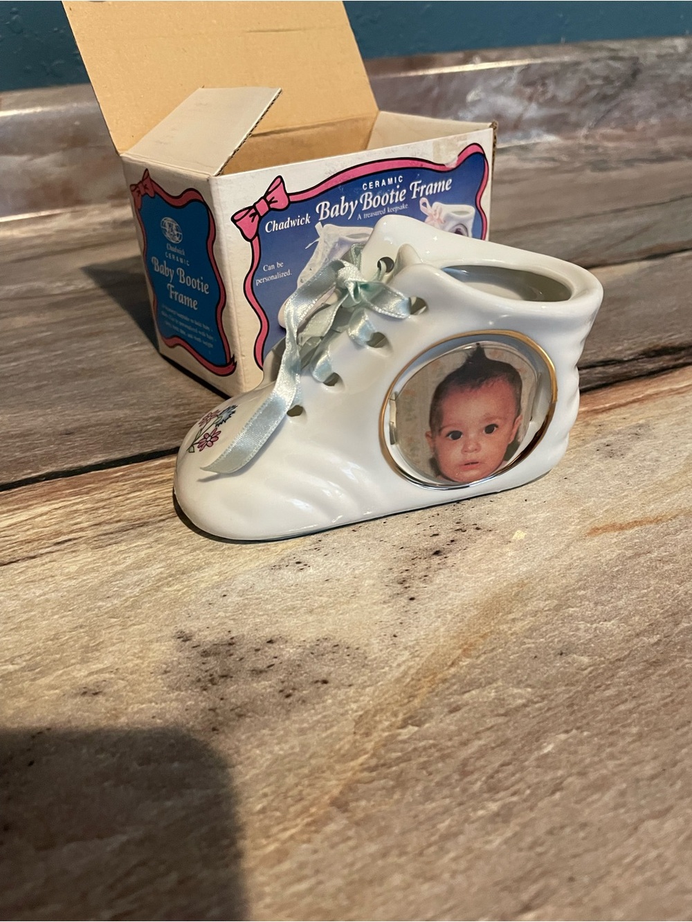 Chadwicks Ceramic Baby Bootie Frame in White with Pale Blue Ribbon